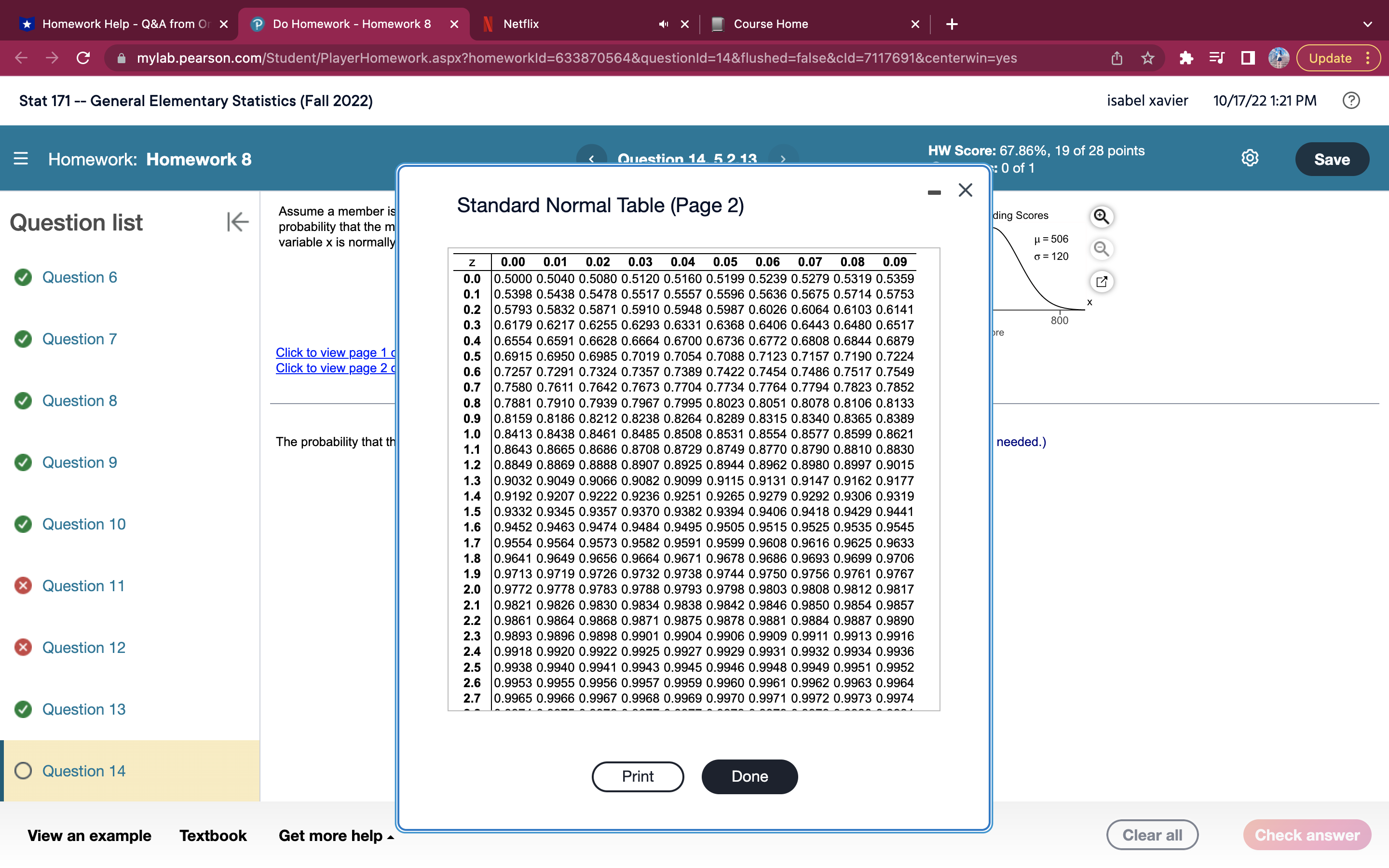Elementary Statistics (Fall 2022) isabel xavier 10/17/22 1:18 PM Homework: Homework 8