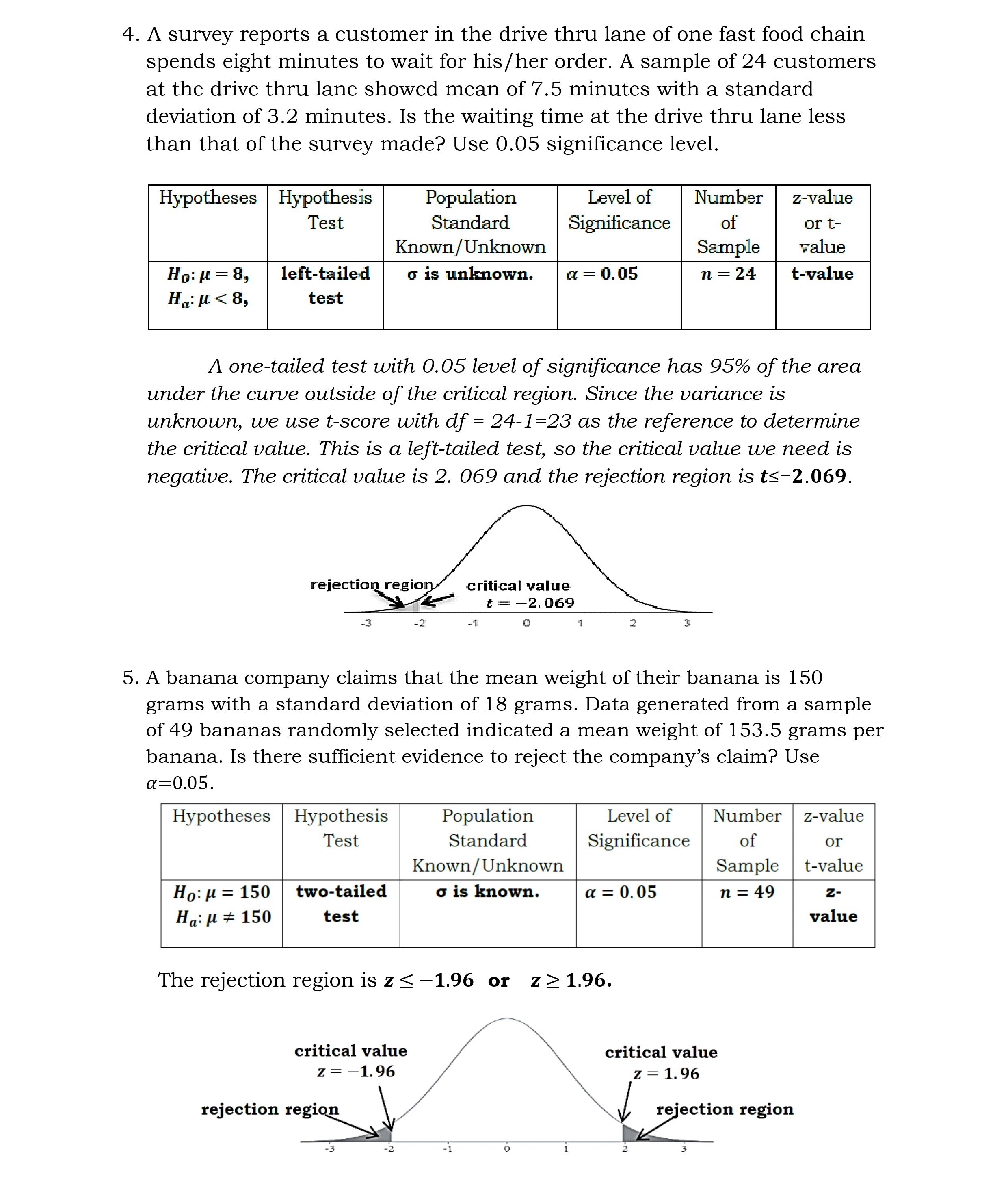 the type of the test and signicance level (a) which denes the