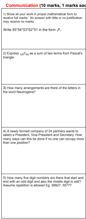 Communication (10 marks, 1 marks eac I) Show all your wnyk in