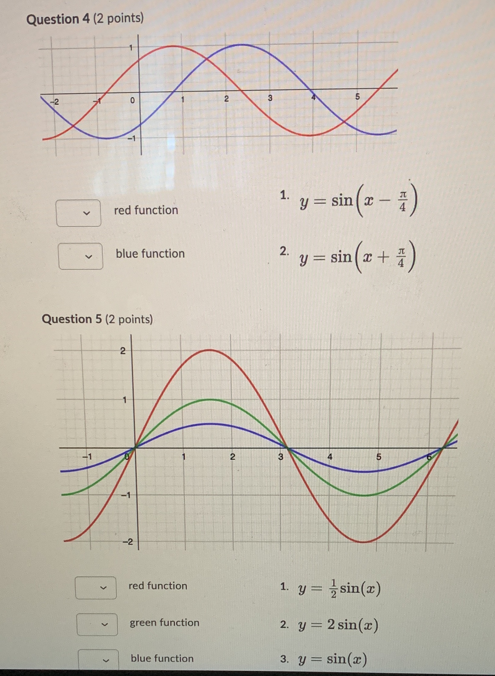 (x - *) blue function 2. y = sin(x + *) Question