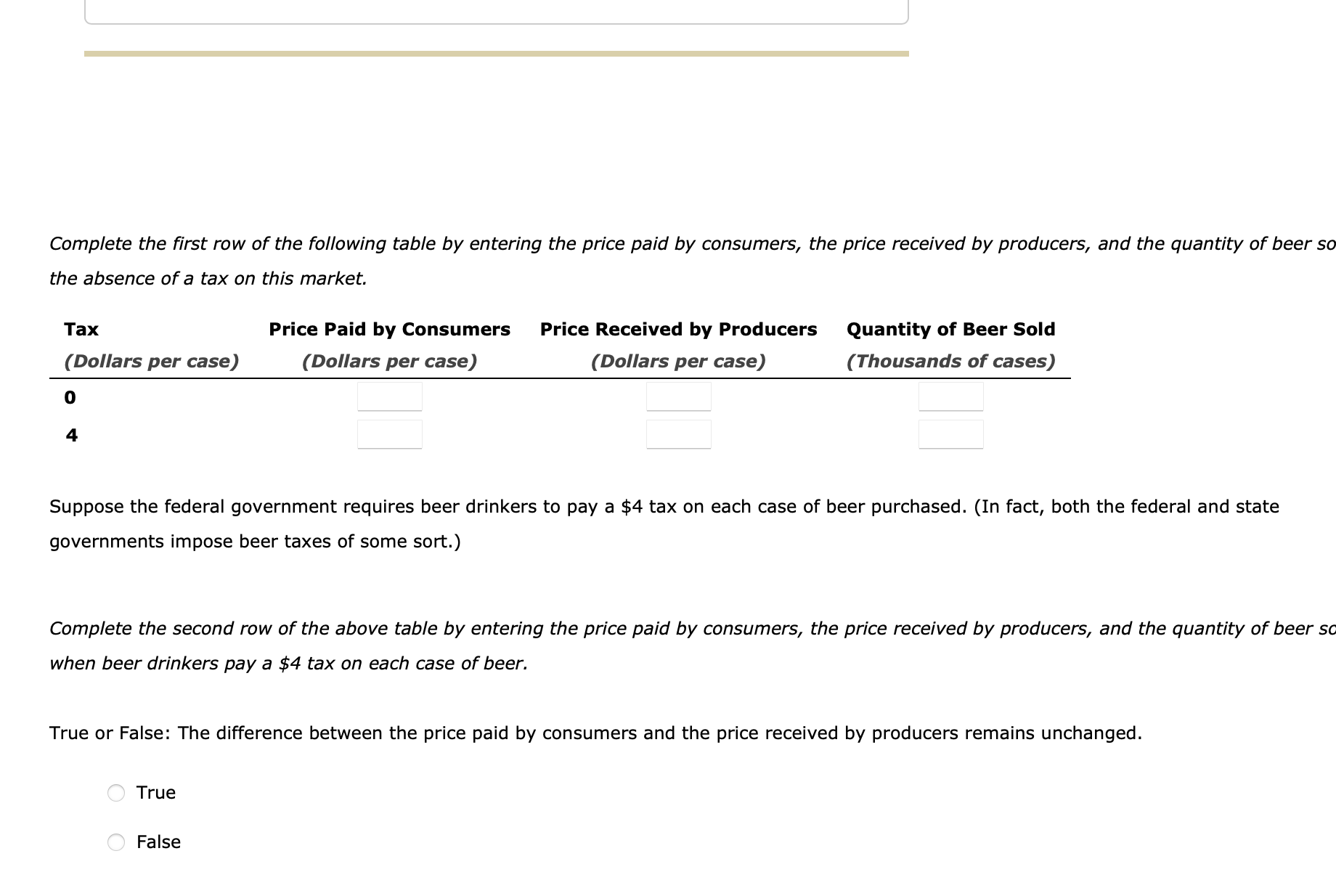 the following table by entering the price paid by consumers, the price