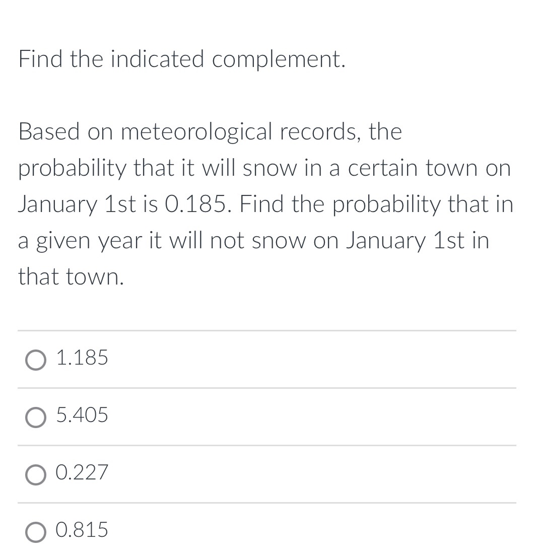 Find the indicated complement. Based on meteorological records, the probability that