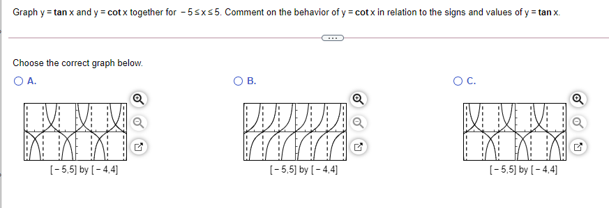 for - 5x5. Comment on the behavior of y = cot x