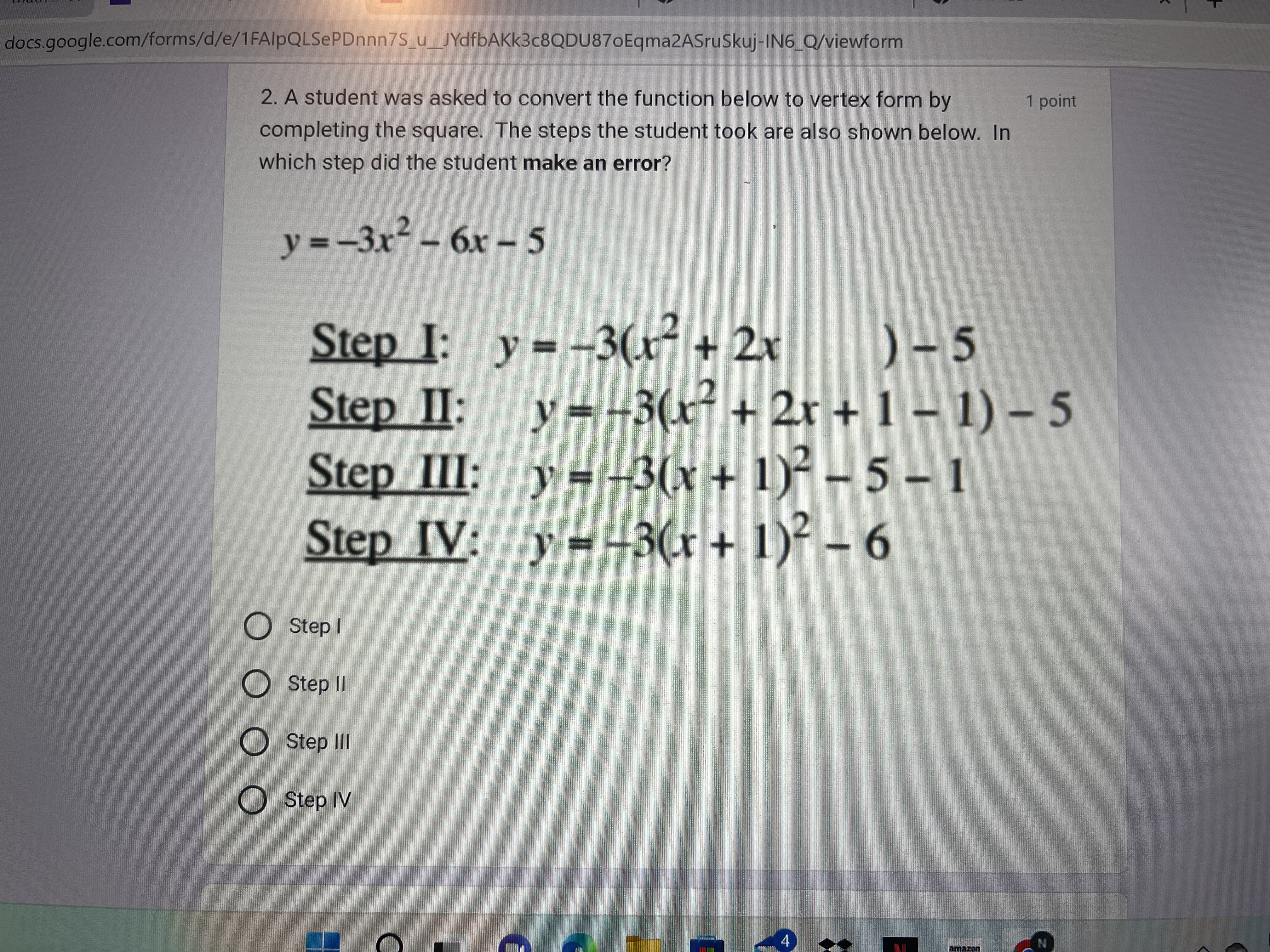 A student wanted to complete the square for the function shown below.
