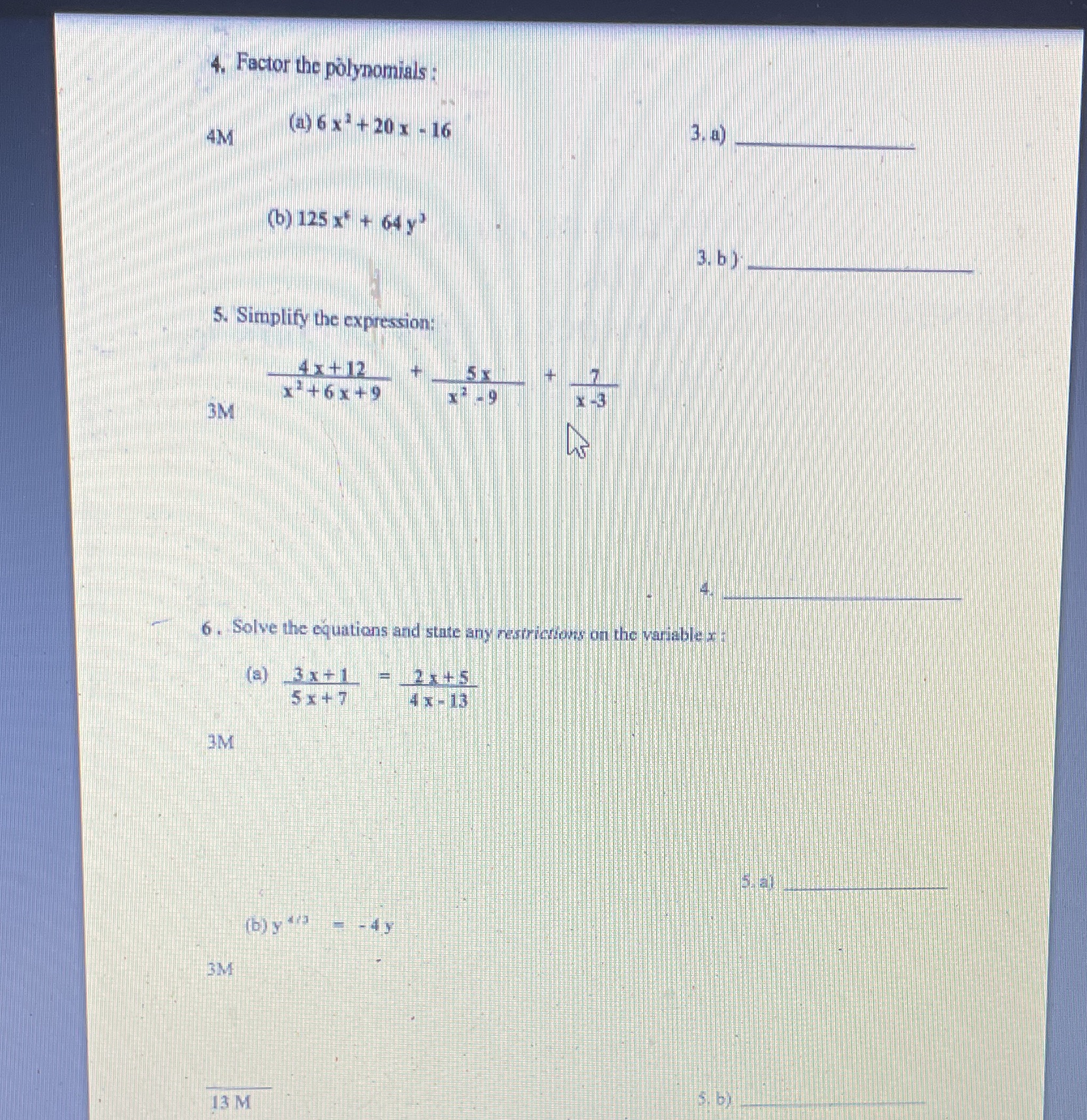 4. Factor the polynomials : 4M (2) 6 x + 20