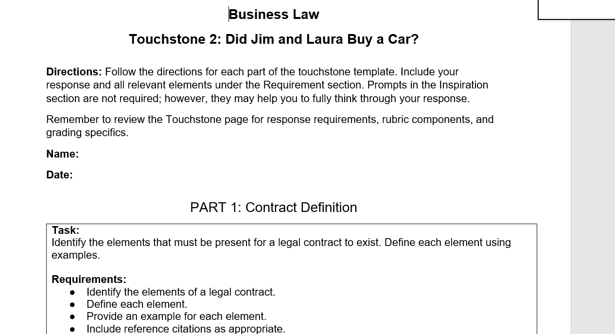Task: Identify the elements that must be present for a legal contract