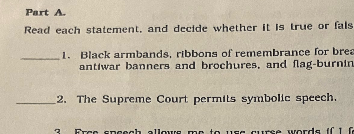  LmiteTo fredomOf speech Part A. Read each statement, and decide whether