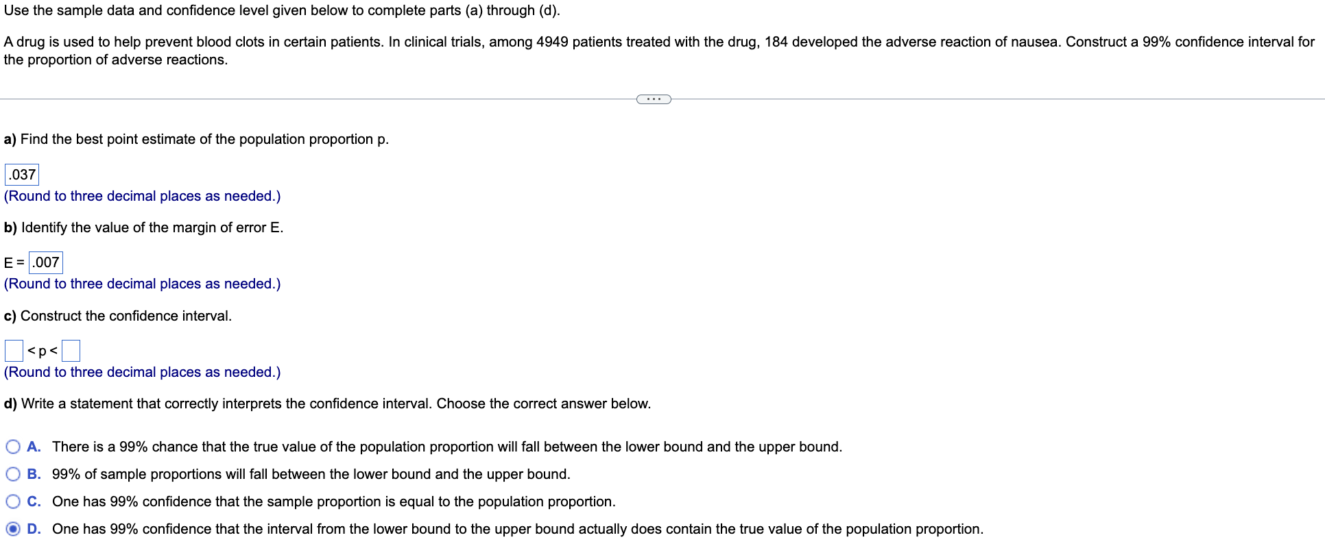  Use the sample data and confidence level given below to complete