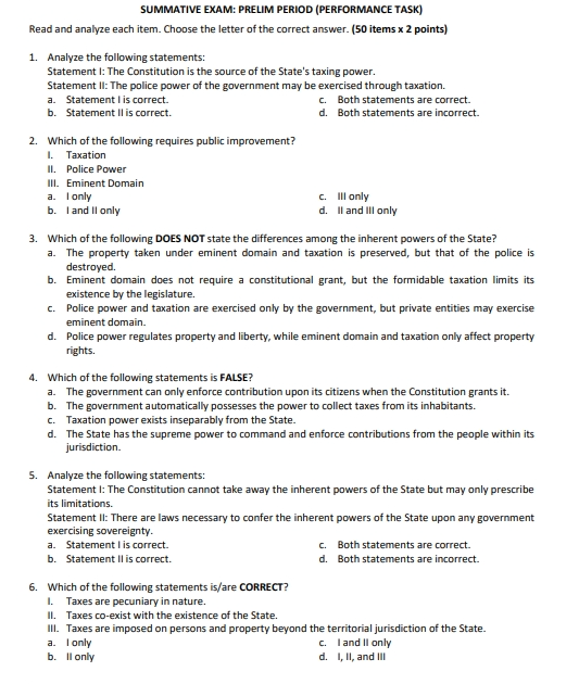  SUMMATIVE EXAM: PRELIM PERIOD (PERFORMANCE TASK) Read and analyze each item.