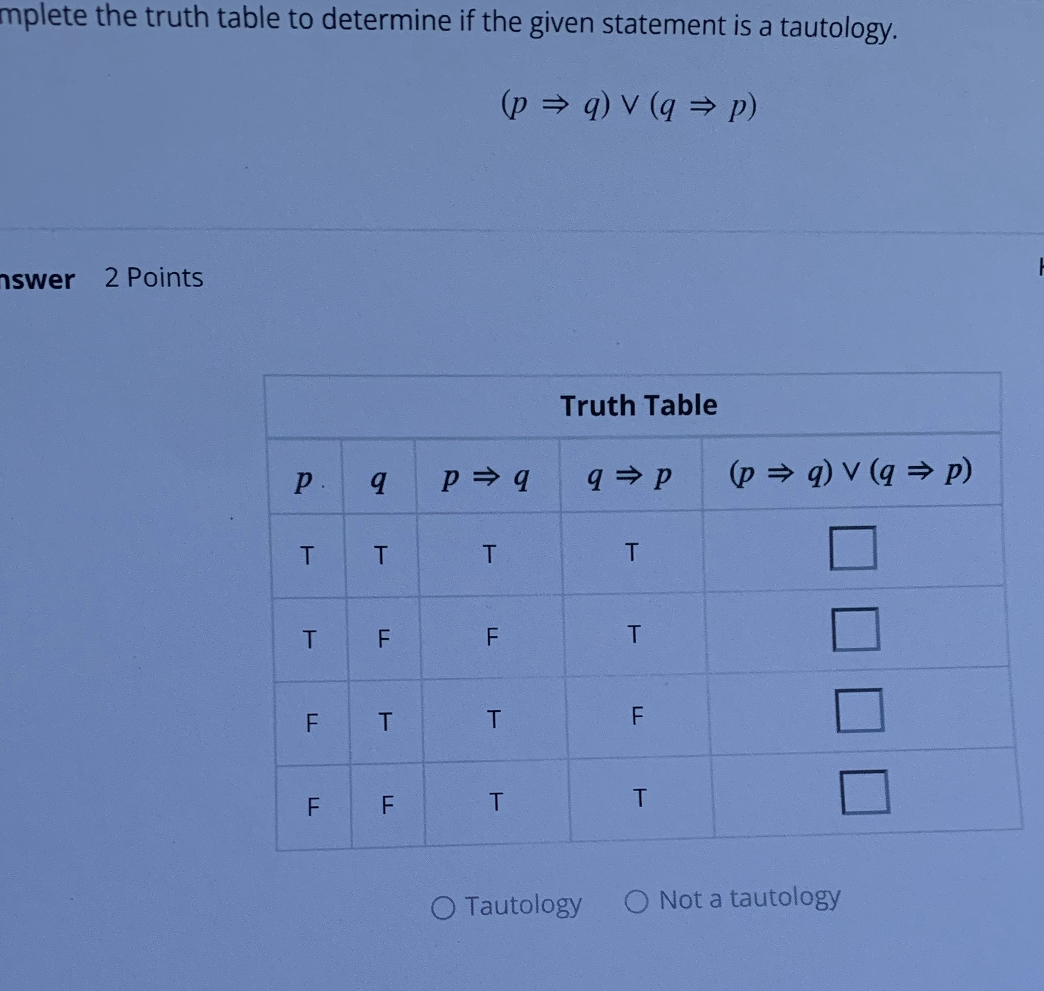 What answer mplete the truth table to determine if the given