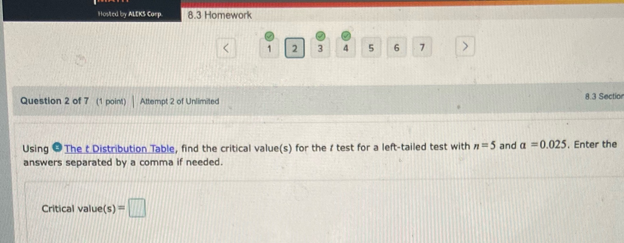 8.3 Homework Question 2 Of 7 (1 point) 'l Attempt 2 of