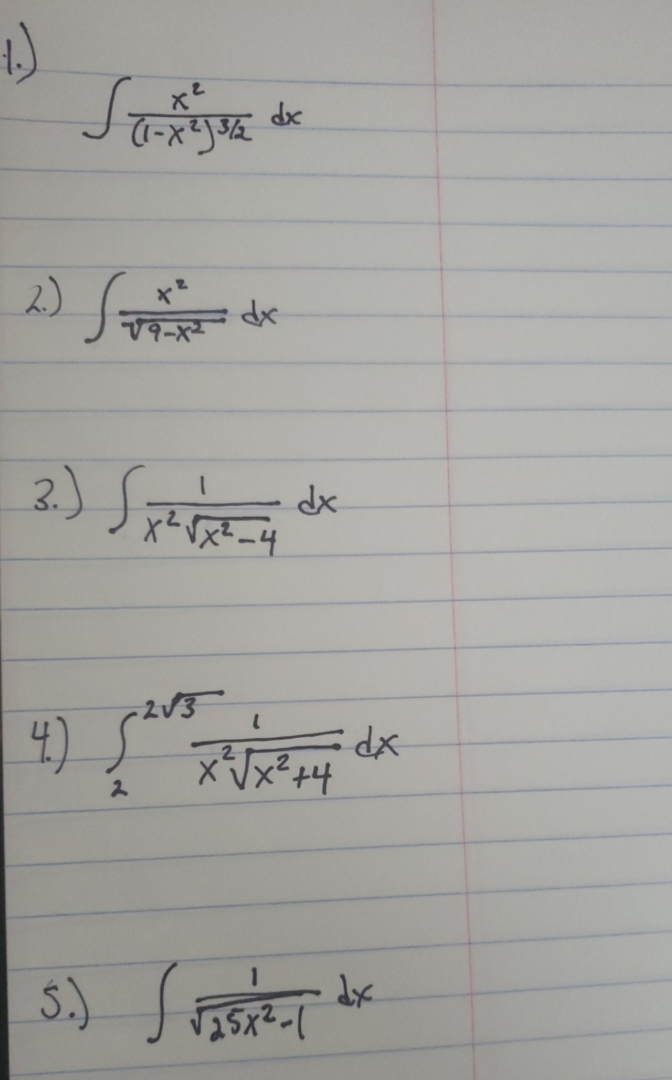 ) x z V9 - X2 dx 3.) - dx X- VX2