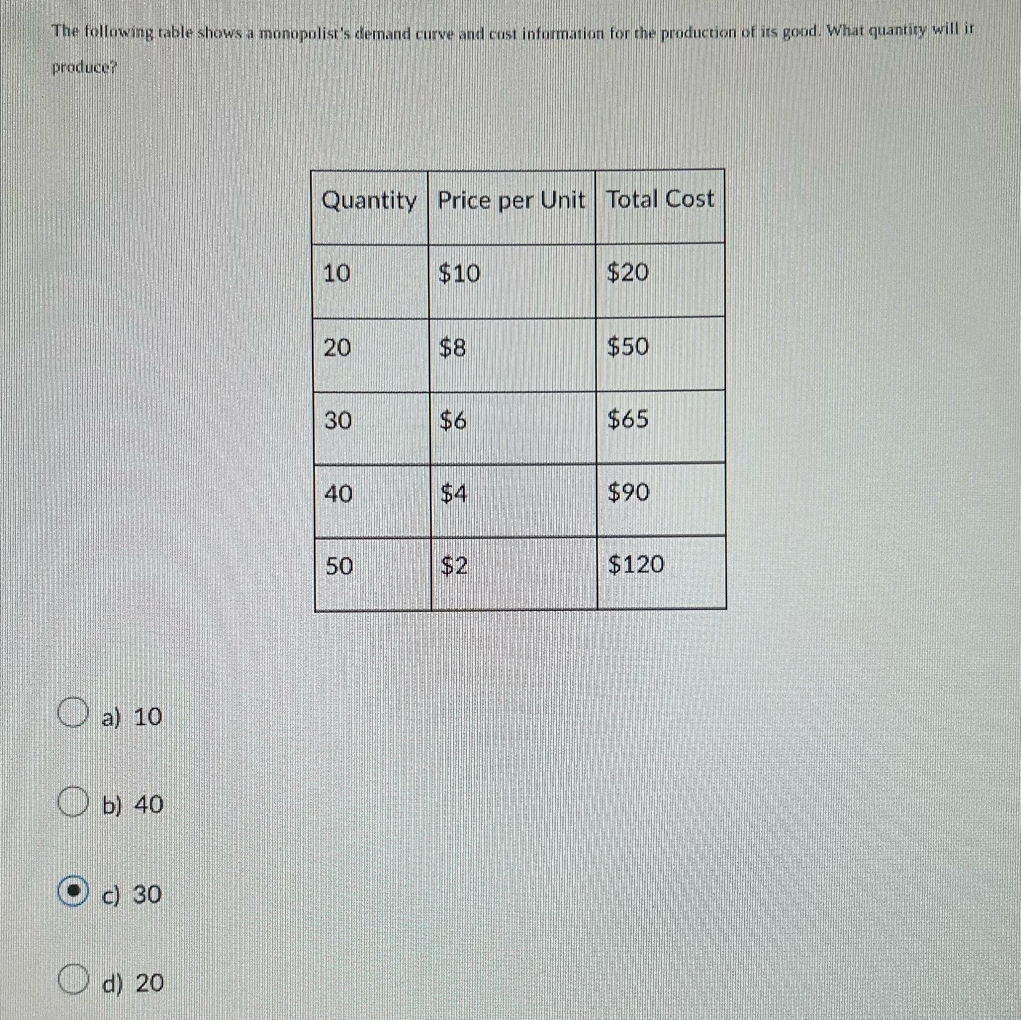  Quantity Price per Unit| Total Cost 10 $10 $20 20 $8