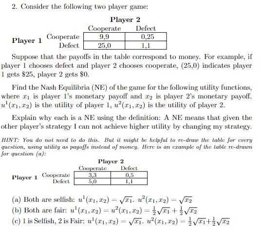 Player 1 Defect 250 Defew.t. 0 25 11 Suppose that the payoffs