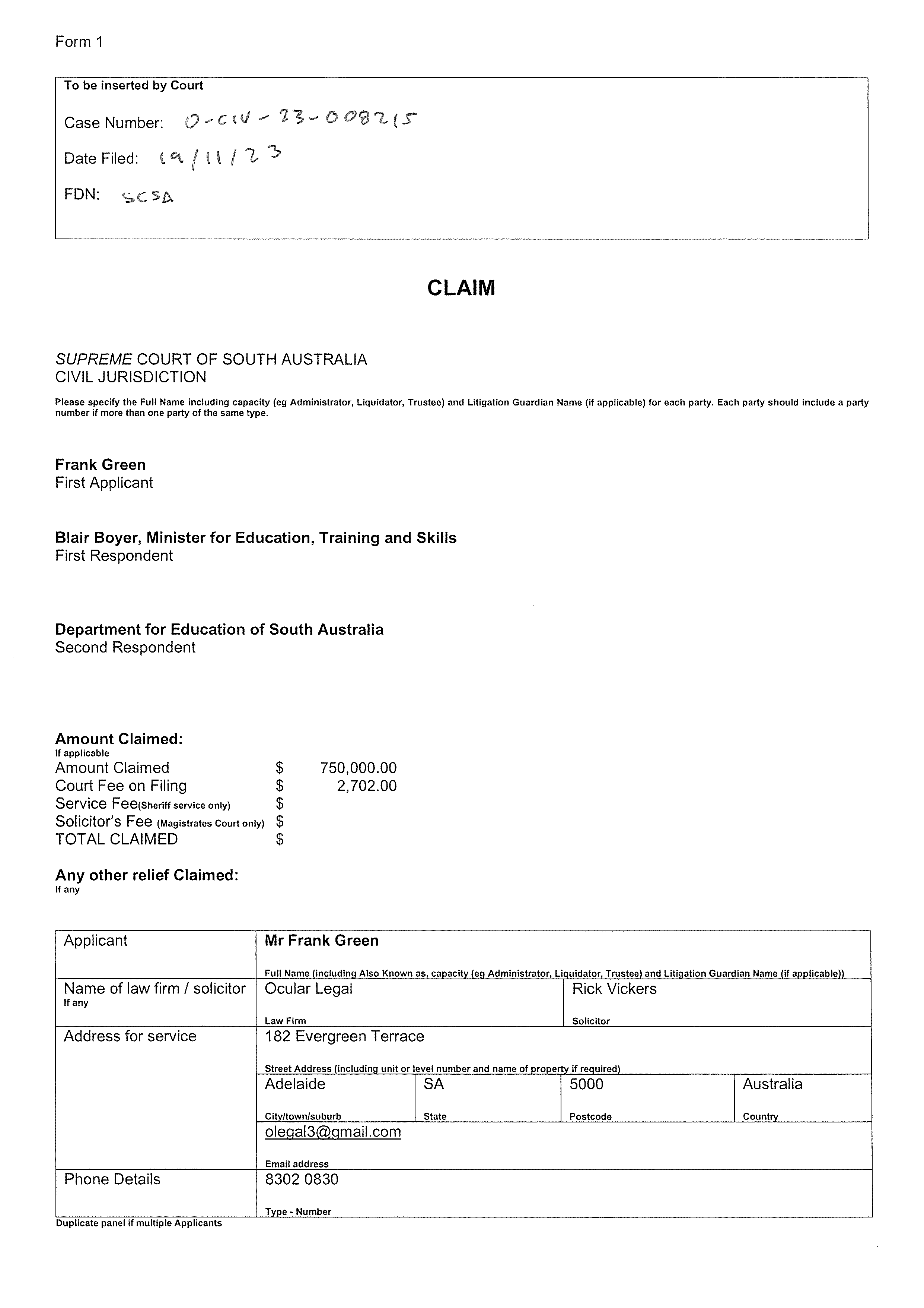 Form 1 To be inserted by Court Case Number: 0 -