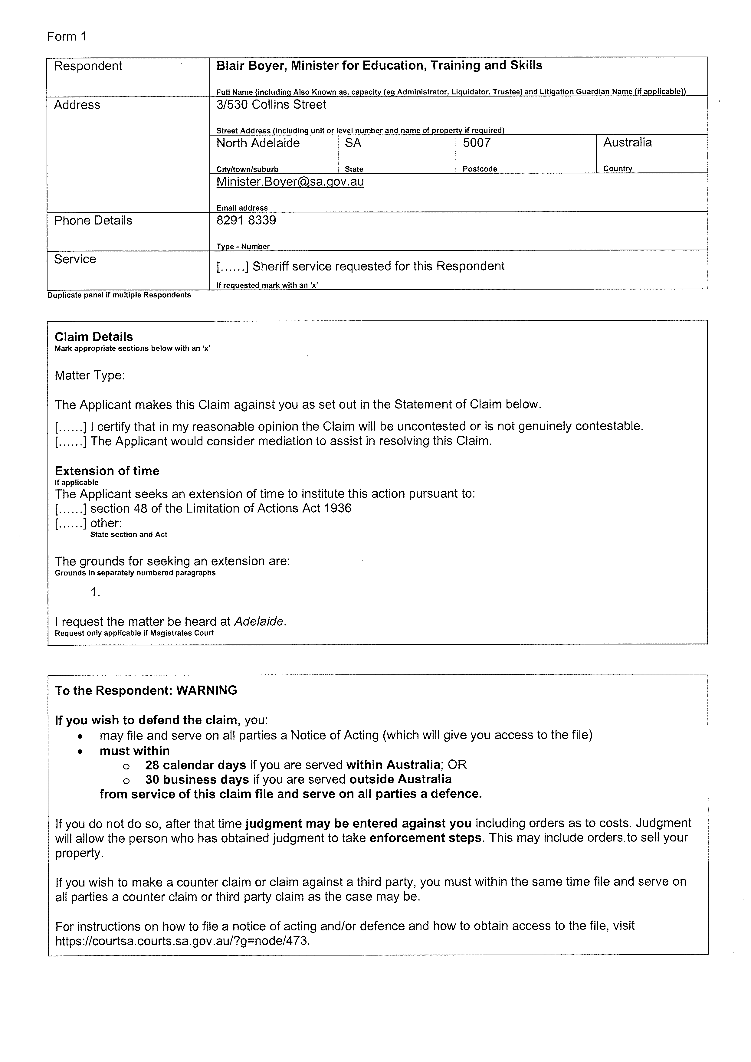 type. Frank Green First Applicant Blair Boyer, Minister for Education, Training and