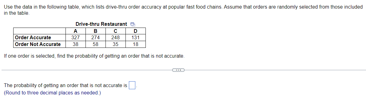  1) Use the data in the following table, which lists drive-thru