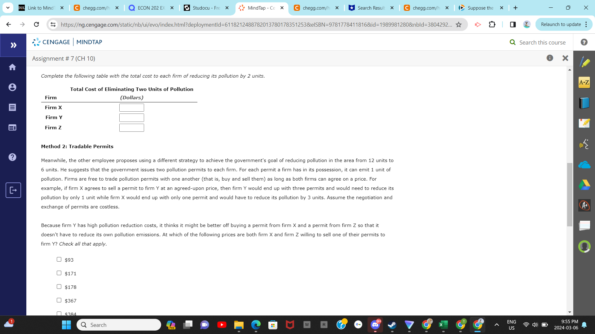 Action (Units of pollution) (Dollars) E Firm X 2 Firm Y N