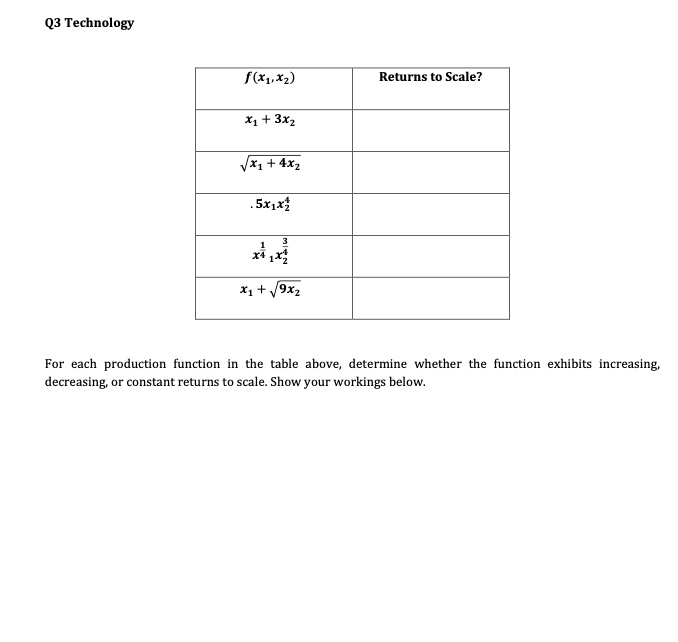 4x2 .5x1x2 x1 +9*2 For each production function in the table above,