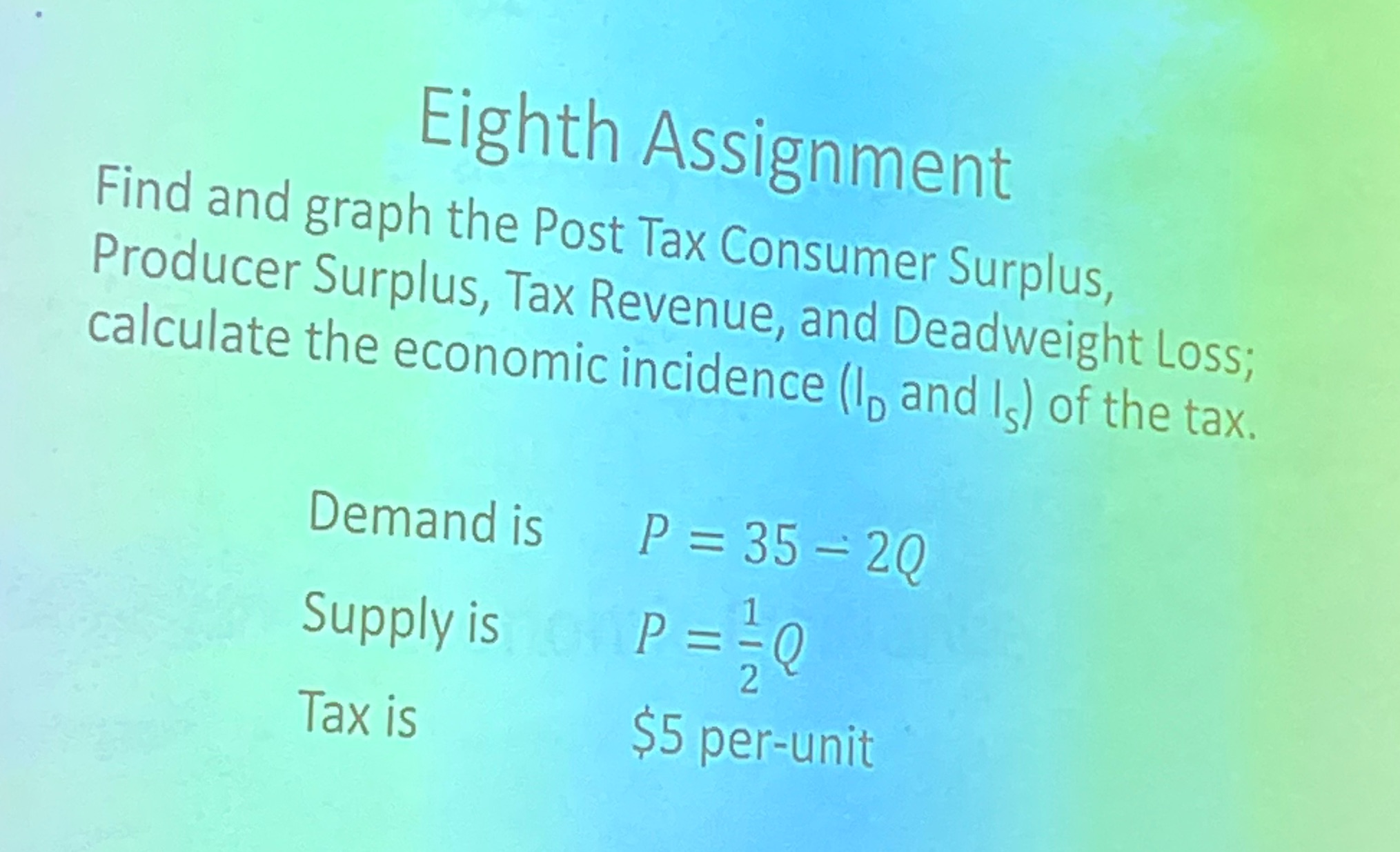 Eighth Assignment Find and graph the Post Tax Consumer Surplus, Producer