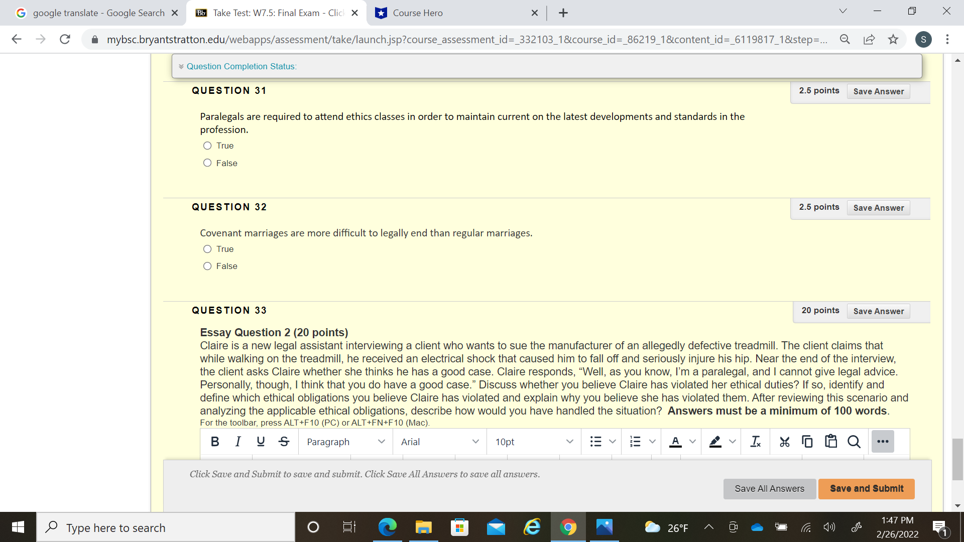 Status: QUESTION 23 2.5 points Save Answer Julie's religion prevents her from