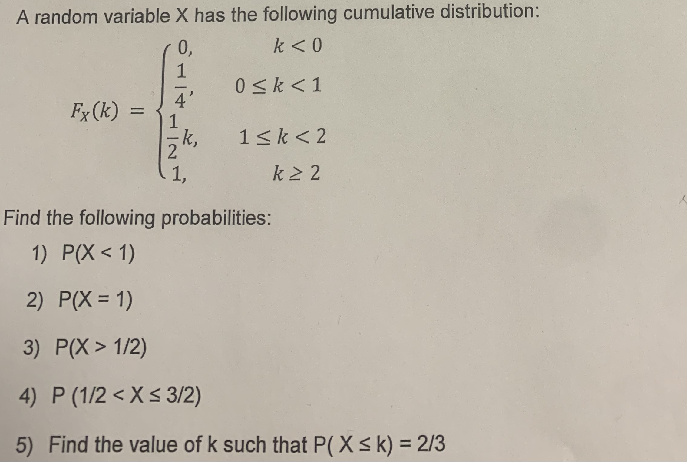 A random variable X has the following cumulative distribution: Fx(k) O, 1