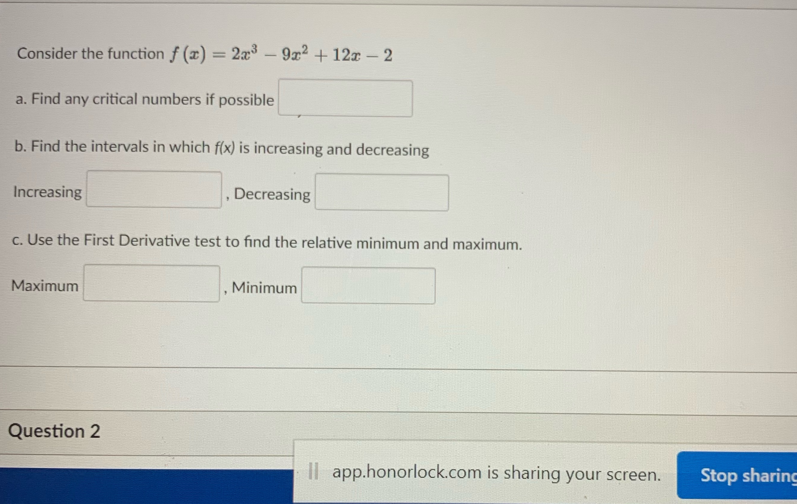  Consider the function f (x) = 2x3 - 9x2 + 12x