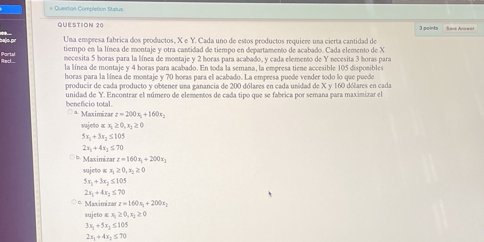 Save Answer baJo.pr Portal v Question Completion Status: QUESTION 20 3 points