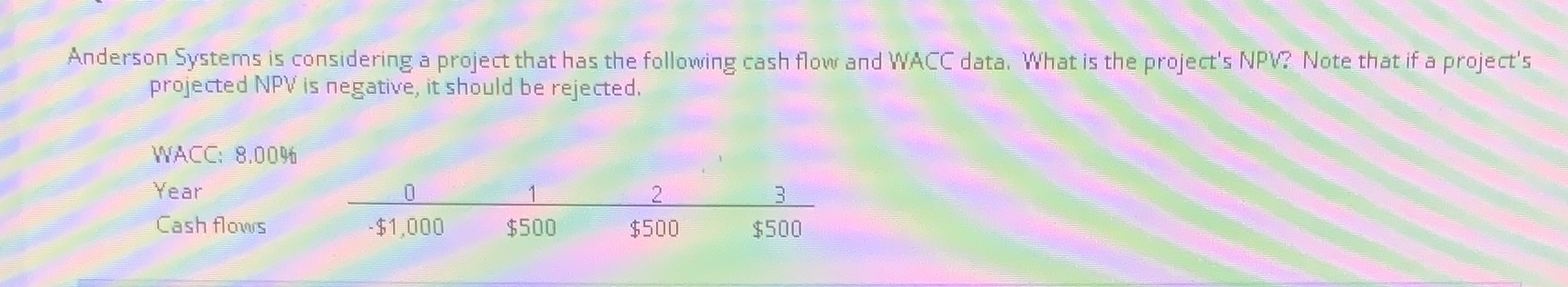 the following cash flow and WACC data. What is the project's NPV?