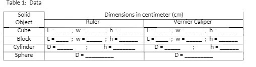 Caliper Cube L= ; W= :h = L= ; W= ;h =