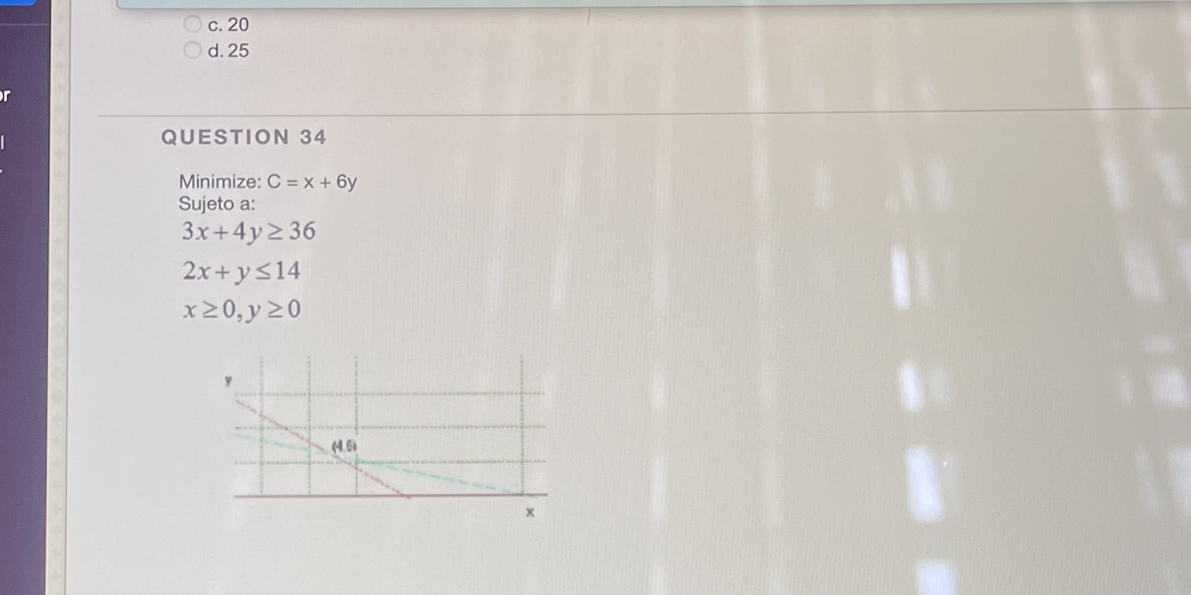 c. 20 d. 25 QUESTION 34 Minimize: C = x + 6y