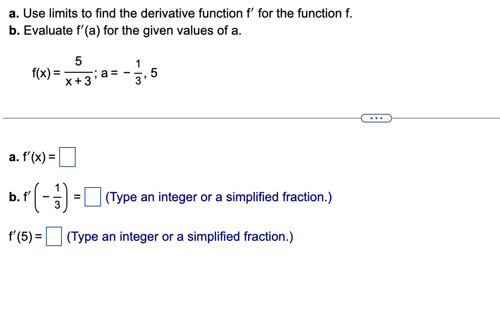 function f. b. Evaluate f'(a) for the given values of a. 5
