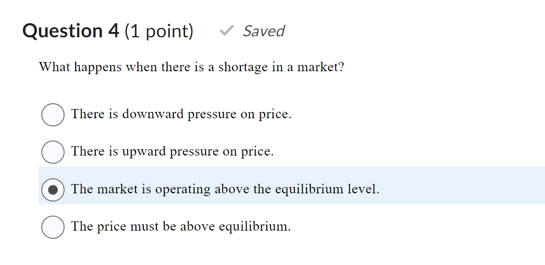 shortage in a market? 0 There is downward pressure on price. 0