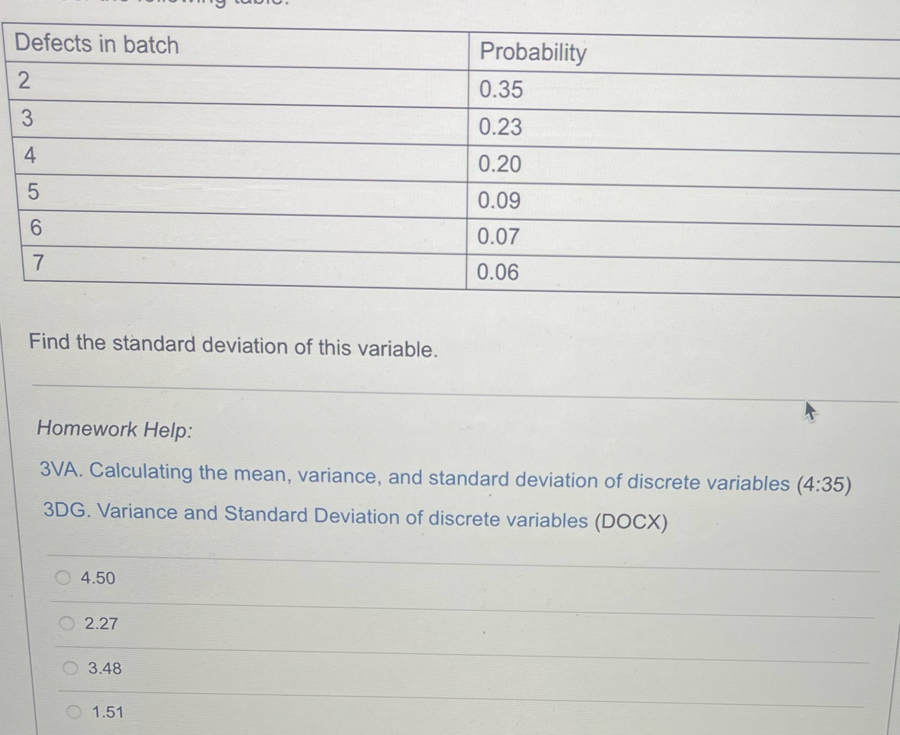 Defects in batch Probability 2 0.35 3 0.23 4 0.20 0.09