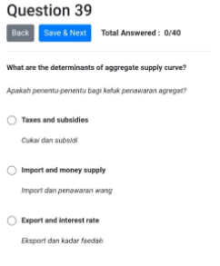  Question 39 Back Save & Next Total Answered : 0/40 What