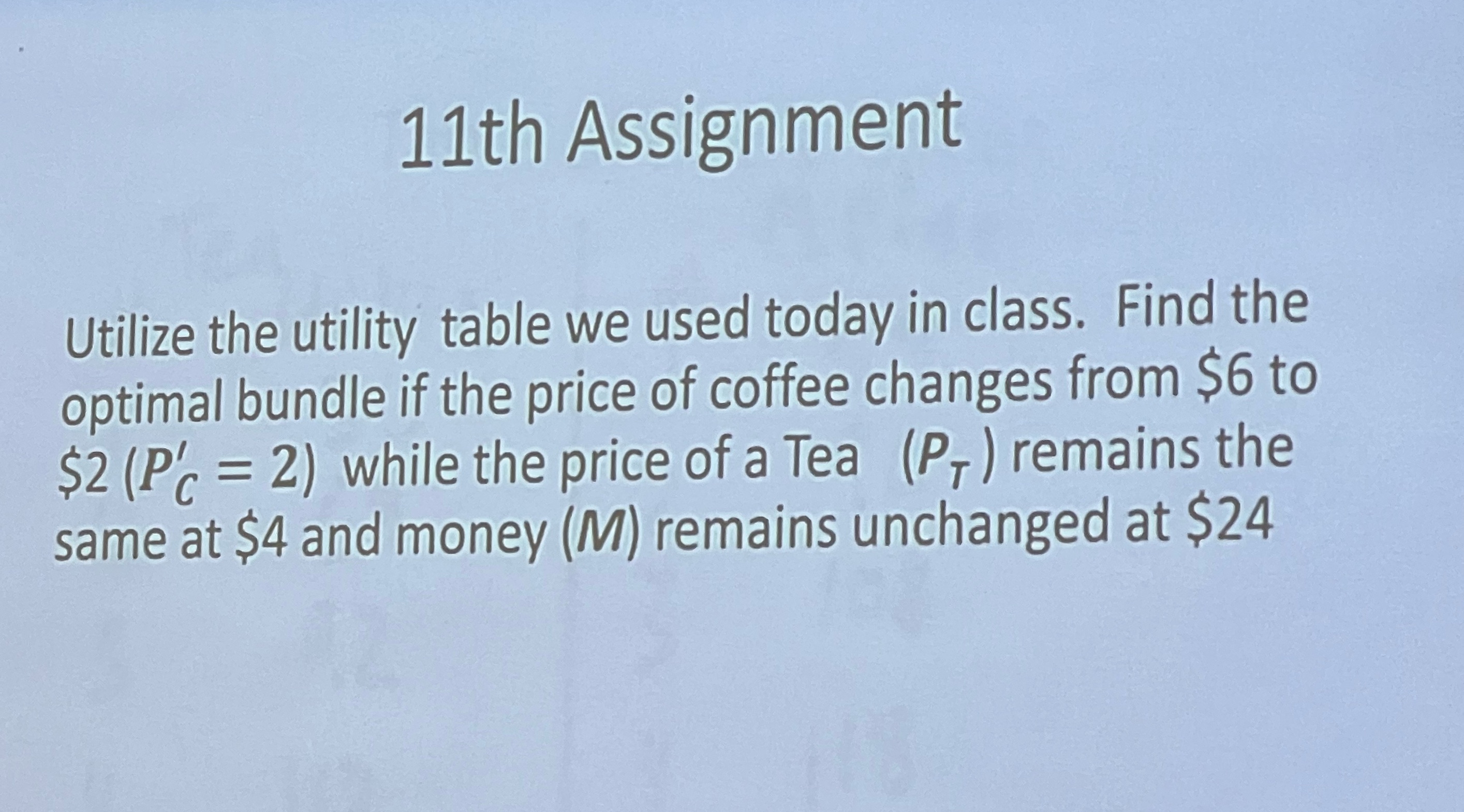 Find the optimal bundle if the price of coffee changes from $6