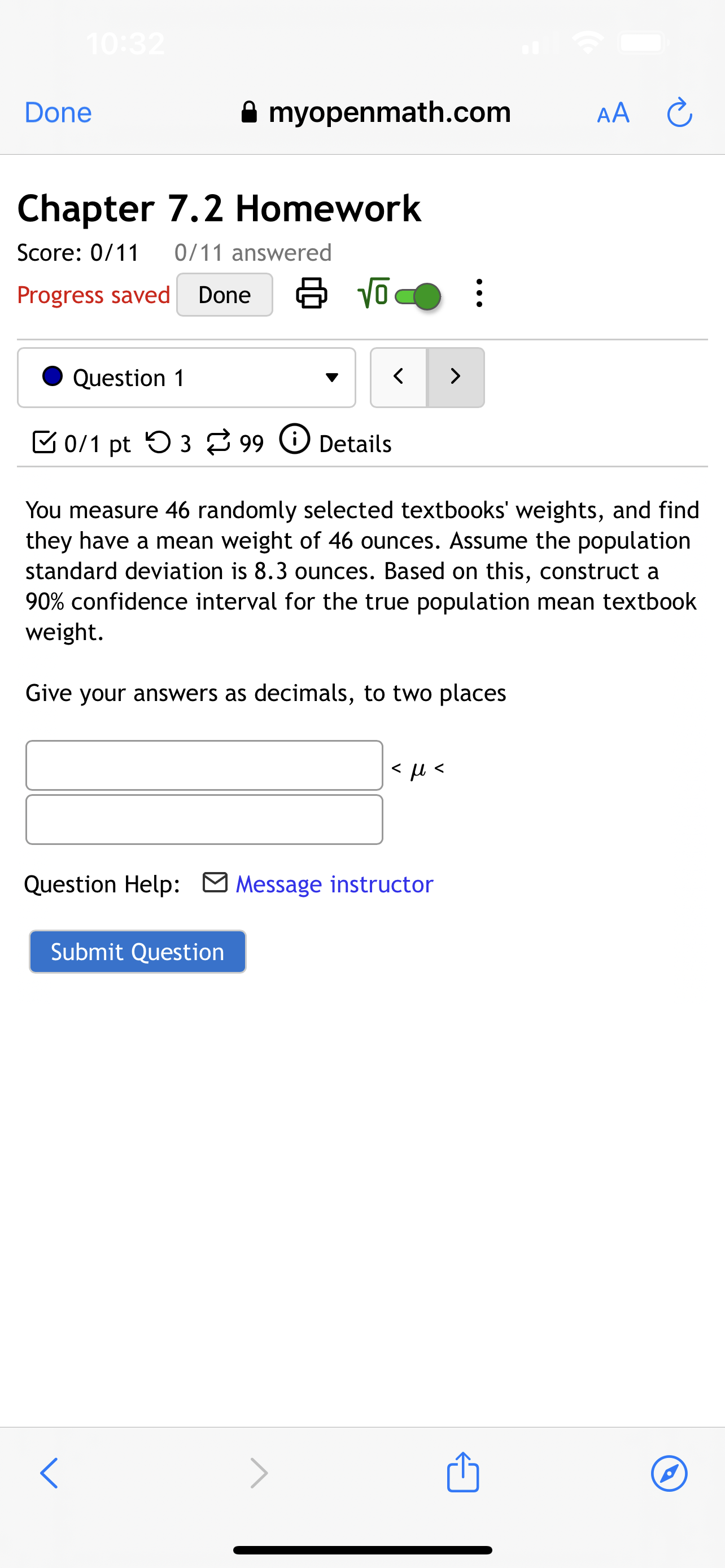 place. 1: Question Help: 8 Message instructor Submit Question Done 6 myopenmath.com