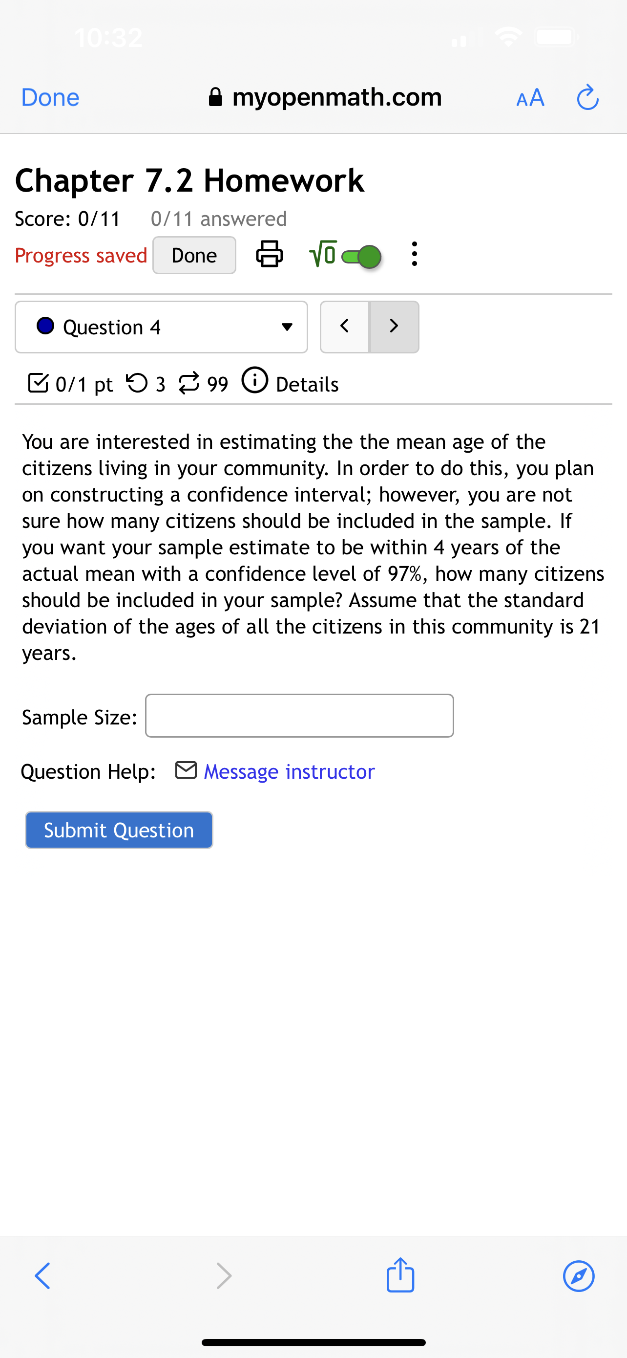 AA (3 Chapter 7.2 Homework Score: 0/11 0/11 answered Progress saved Done