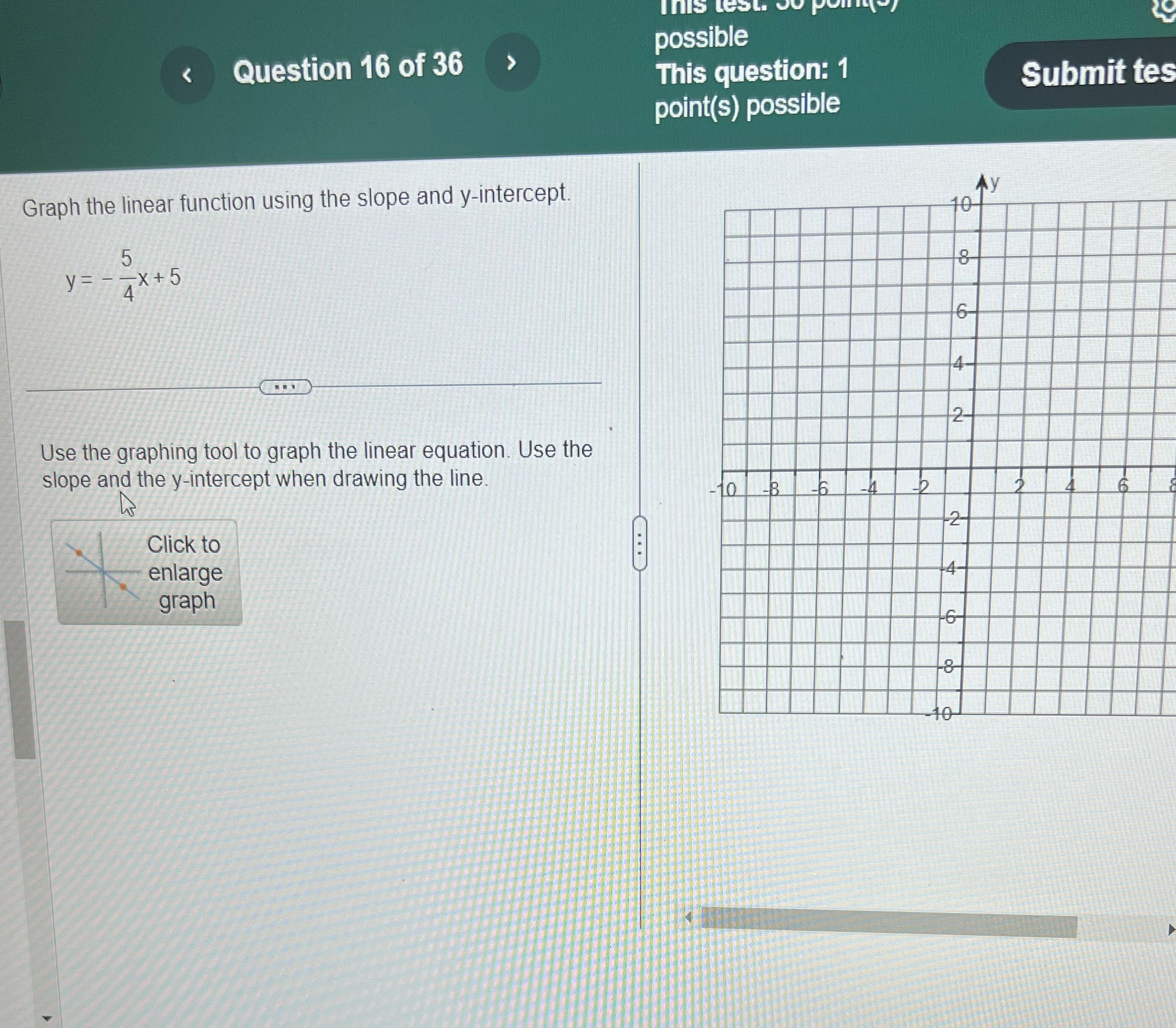 Question 16 of 36 Graph the linear function using the slope and
