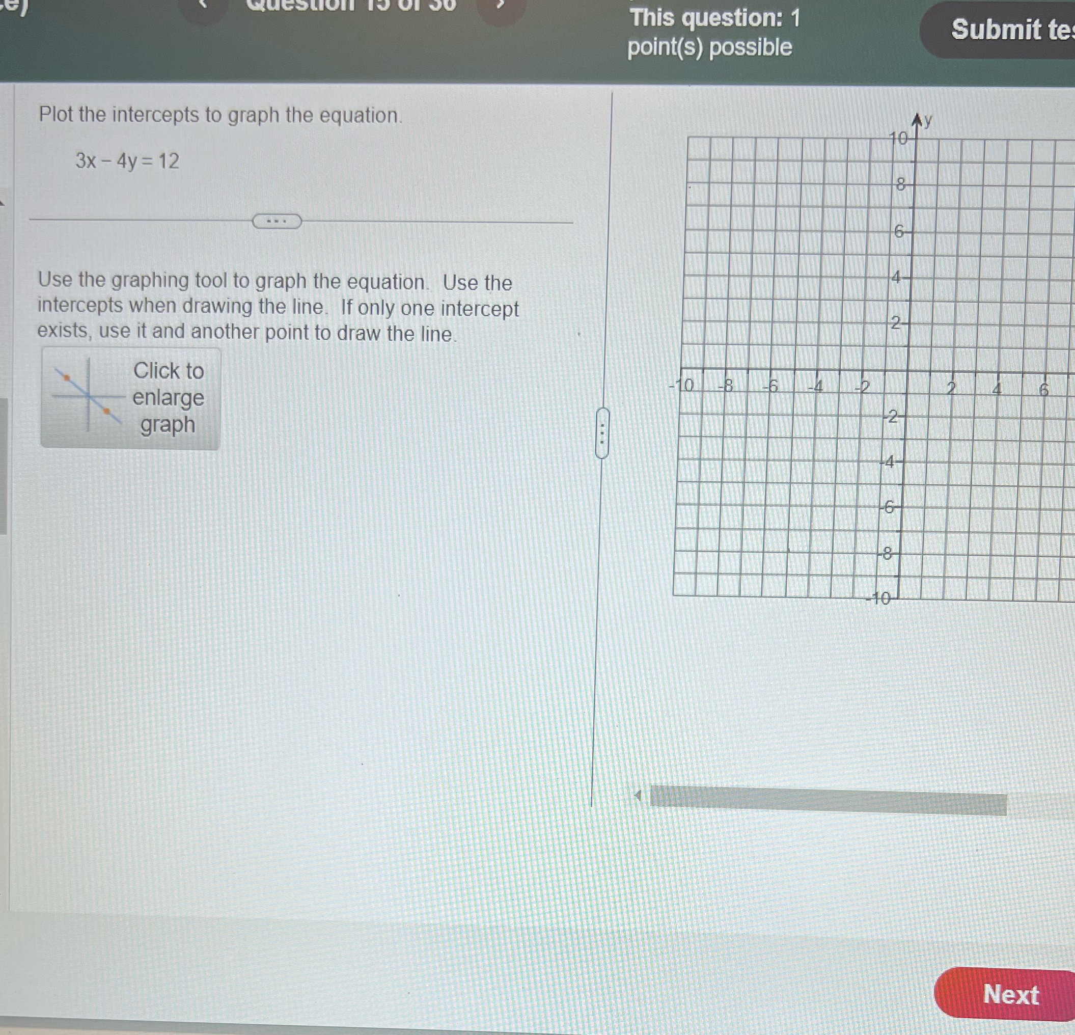  This question: 1 Submit te point(s) possible Plot the intercepts to