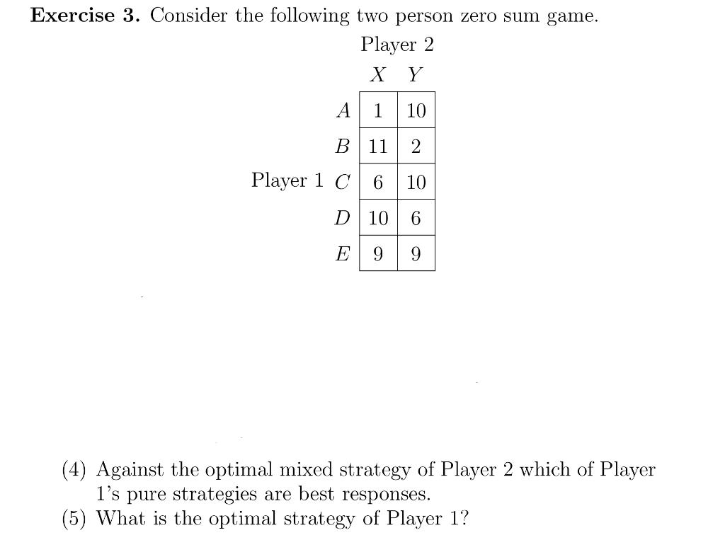 2 (4) Against the optimal mixed strategy of Player 2 which of