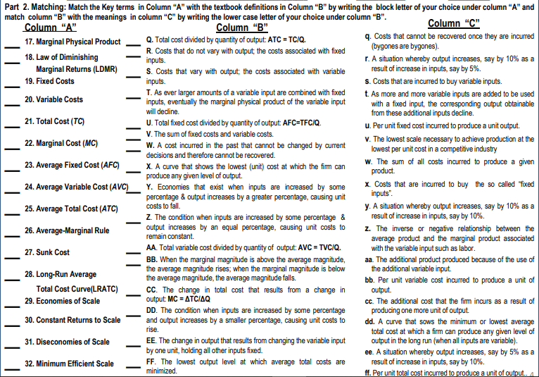 your choice under column "A" and match column "B" with the meanings