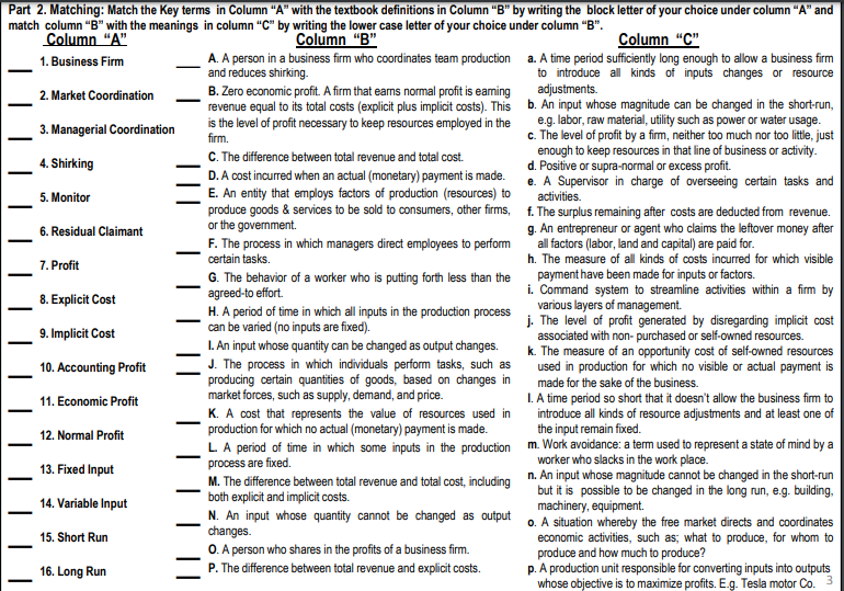 in column "C" by writing the lower case letter of your choice