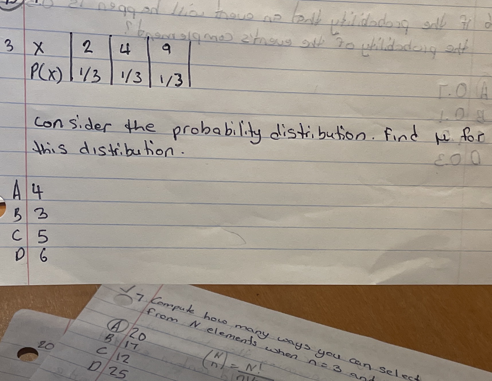 A consider the probability distribution. Find u for this distribution. A 4