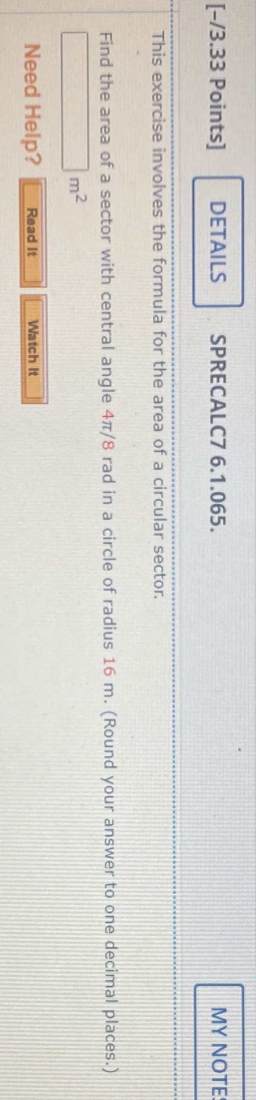  [-/3.33 Points] DETAILS SPRECALC7 6.1.065. MY NOTE This exercise involves the