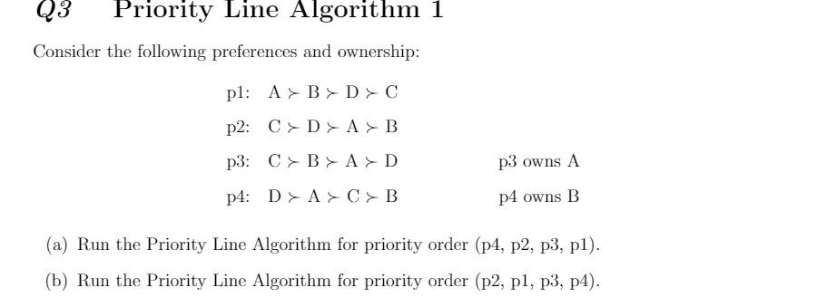  Q3 Priority Line Algorithm 1 Consider the following preferences and ownership: