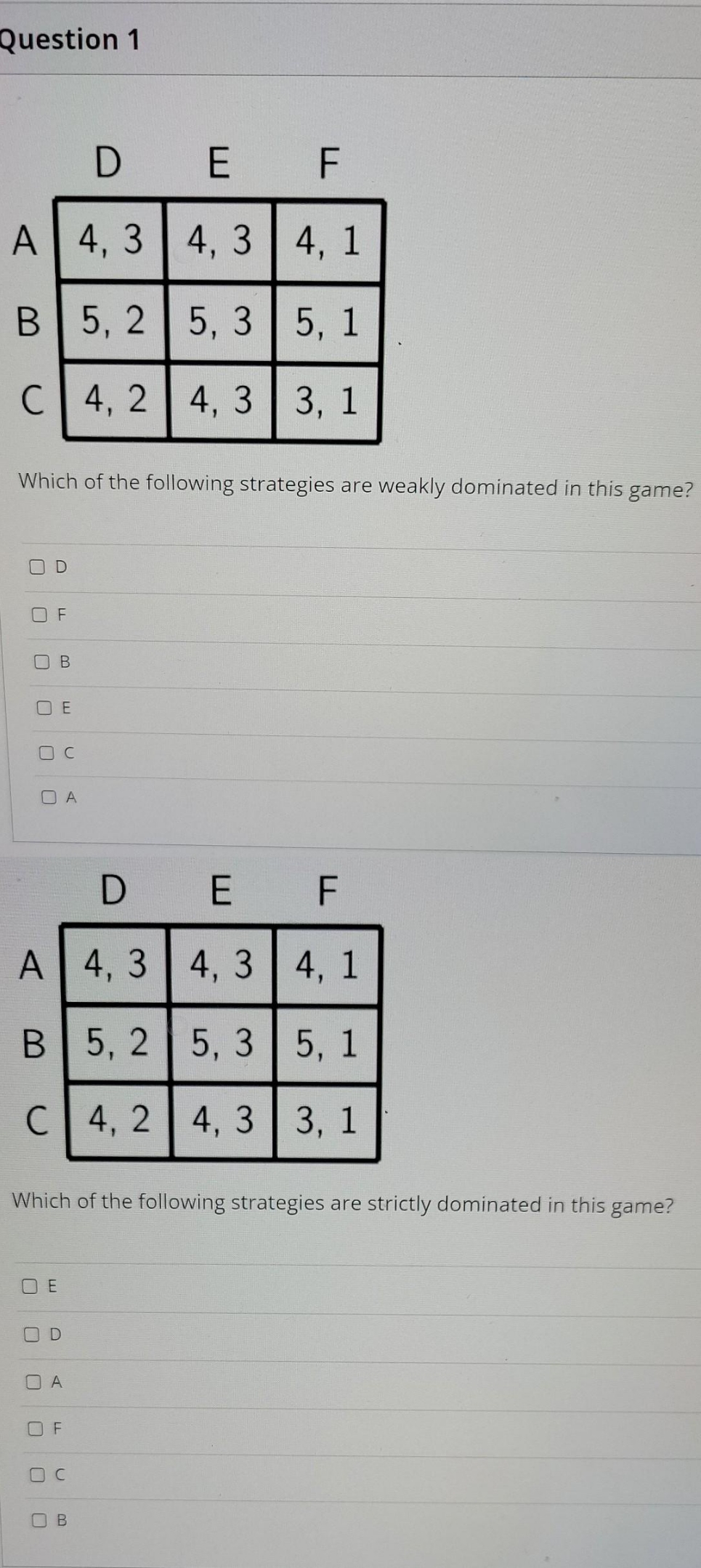  please answer Question 1 D E F A 4, 3 1
