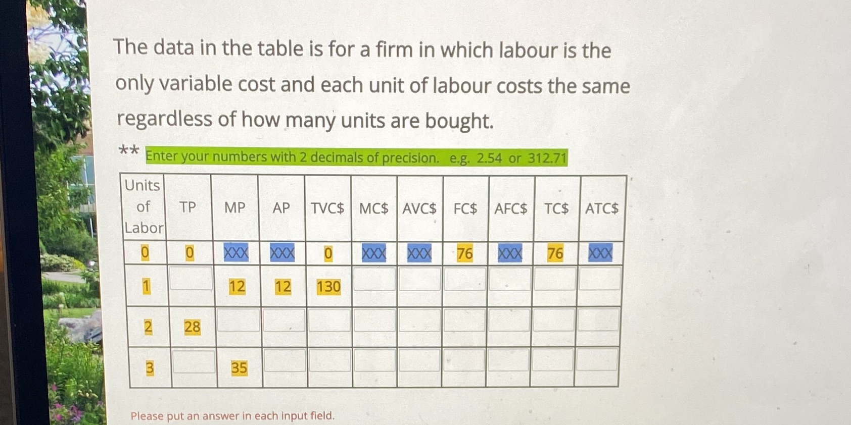 the table is for a rm in which labour is the only