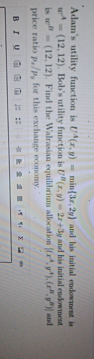 min{3r, 2y} and his initial endowment is w^ = (12, 12). Bob's