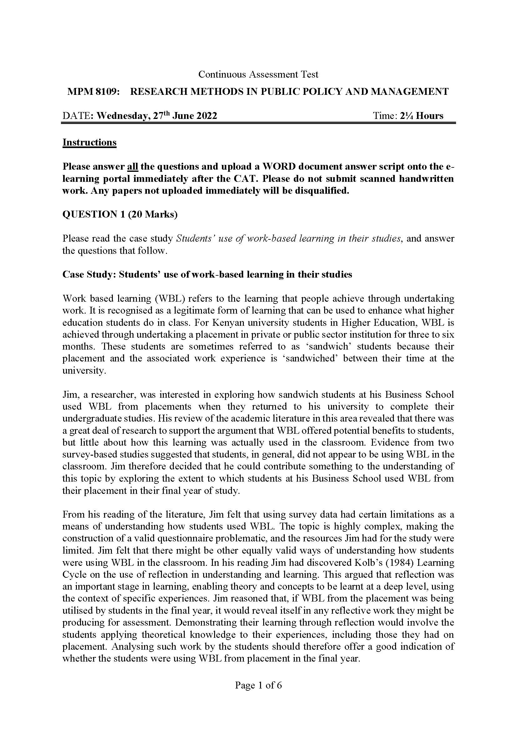  Continuous Assessment Test MPM 8109: RESEARCH METHODS IN PUBLIC POLICY AND